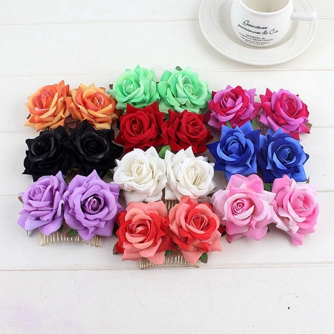 Élégant Peigne À Cheveux Double Roses En Velours Accessoires Cheveux Mariage Mariée Coiffe Fleurs En Tissu Pour Femmes