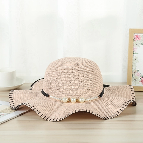 Women Straw Sun Hat Large Brim Wave Edge Braided Summer Beach Travel Elegant Artificial Pearl Ribbon Decoration Foldable Packable