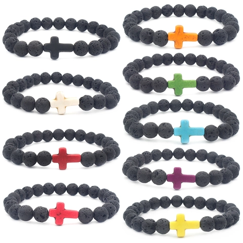 Bracciale a Perline con Croce in Pietra Lavica Retro Croce in Turchese Sintetico Colorato Bracciale Elastico Yoga Gioielli