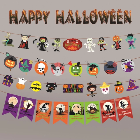 Halloween Banner Ghirlanda Carta Cartoncino Zucca Fantasma Strega Scheletro Vampiro Decorazione Per Feste Casa