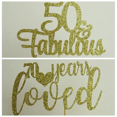Gold Glitter Cake Topper For Birthday Anniversary Party Decoration Fifty And Fabulous Seventy Years Loved Sparkly Wood Stick