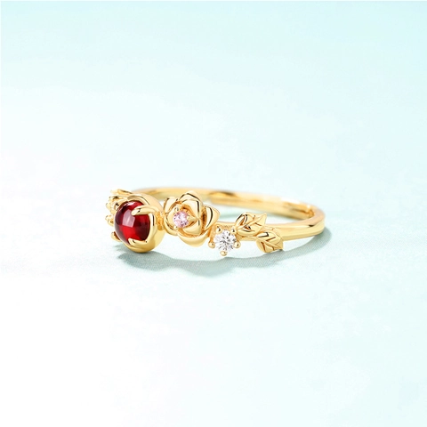 Anillo Abierto Ajustable de Plata de Ley 925 Granate Flor de Rosa Chapado en Oro Diamantes Bijoux para Mujer Regalo