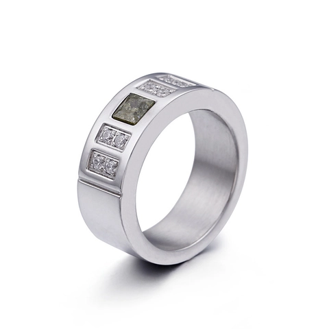Stainless Steel Wide Band Ring Square Cubic Zirconia Inlaid Brushed Geometric Fashion Jewelry For Women