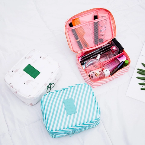 Trousse De Toilette En Oxford À Rayures Organisateur De Voyage Portable Sac À Maquillage Imperméable Grande Capacité