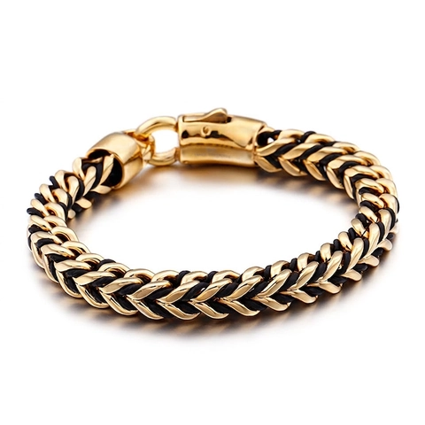 Pulsera Trenzada Para Hombre Acero Inoxidable Y Cuero Genuino Oro Negro Bicolor Retro Punk Hip Hop Joyería