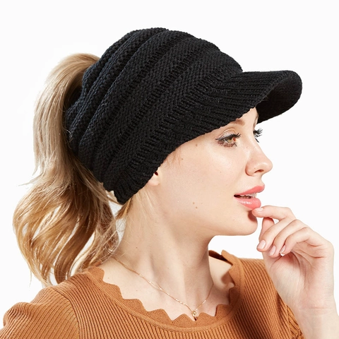 Ponytail Beanie Tail Baseball Cap For Women Acrylic Cable Knit Messy Bun Visor Hat Winter Outdoor Warm Sun Protection