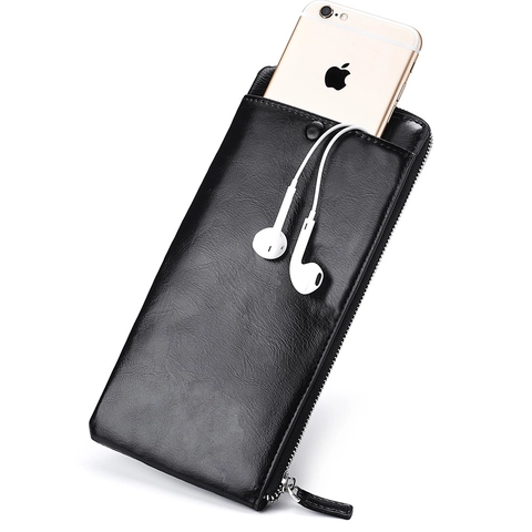 Herren Langes Portemonnaie PU Leder Reißverschluss Handytasche Kartenfächer Business Retro