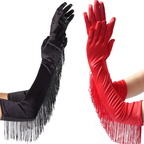 Elegante Lange Satin Fransen Handschuhe Für Braut Hochzeit Performance Latein Tanz Party Vintage Stil Für Damen
