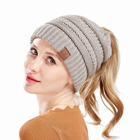 Gorro Con Cola De Caballo Para Mujer Invierno Cálido Acrílico Punto De Trenza Con Agujero Para Moño Desordenado Exterior Color Sólido