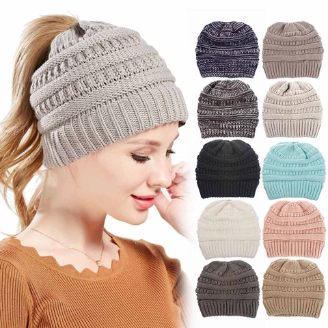 Women Ponytail Beanie Hat Acrylic Cable Knit Messy Bun Winter Warm Stretch Slouchy Casual Headwear Outdoor Accessories
