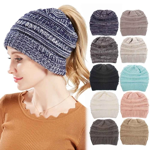 Women Ponytail Beanie Hat Acrylic Cable Knit Messy Bun Winter Warm Stretch Slouchy Casual Headwear Outdoor Accessories