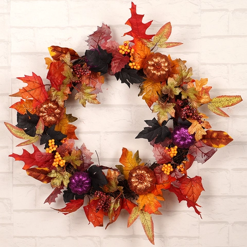 Artificial Maple Leaf Wreath With Glitter Foam Pumpkins And Berries For Halloween Thanksgiving Autumn Front Door Hanging Decor