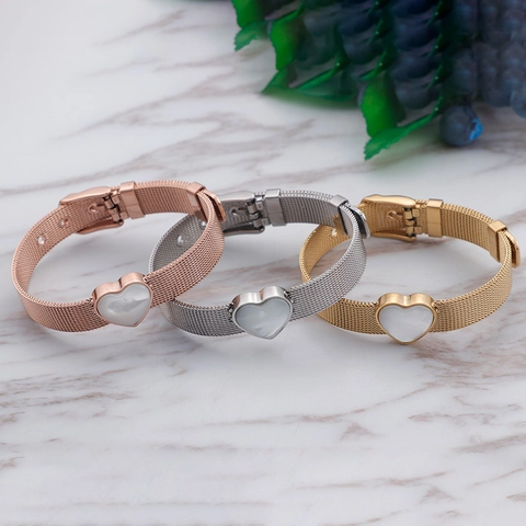 Pulsera De Malla Con Corazón Para Mujer Acero Inoxidable Estilo Correa De Reloj Incrustación Nácar Hebilla Ajustable