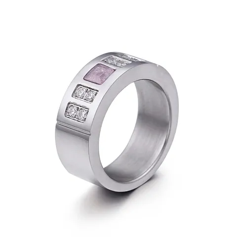 Stainless Steel Wide Band Ring Square Cubic Zirconia Inlaid Brushed Geometric Fashion Jewelry For Women