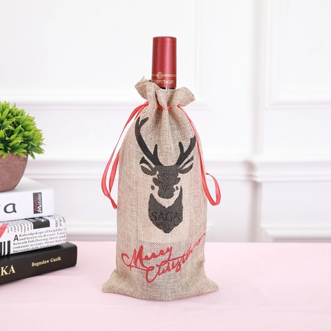 Christmas Wine Bottle Cover Burlap Reindeer Drawstring Gift Bag For Holiday Dining Table Decor Festive Ornament