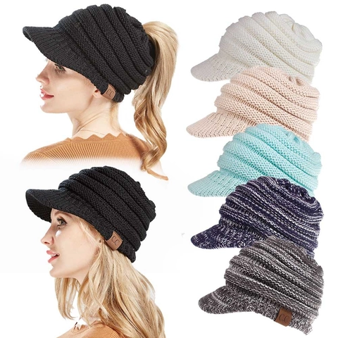 Women Knitted Acrylic Ponytail Beanie Hat With Visor Brim Messy Bun Hole Winter Outdoor Casual Soft Warm