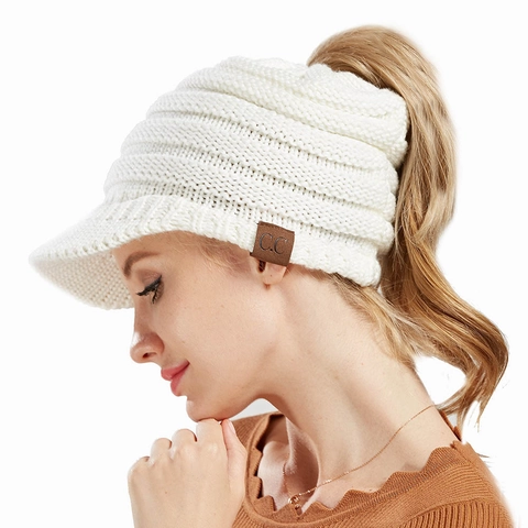 Women Knitted Acrylic Ponytail Beanie Hat With Visor Brim Messy Bun Hole Winter Outdoor Casual Soft Warm