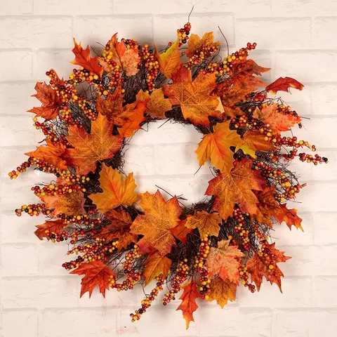 Artificial Fall Wreath Maple Leaves Berries Rattan Base Front Door Thanksgiving Harvest Halloween Decoration