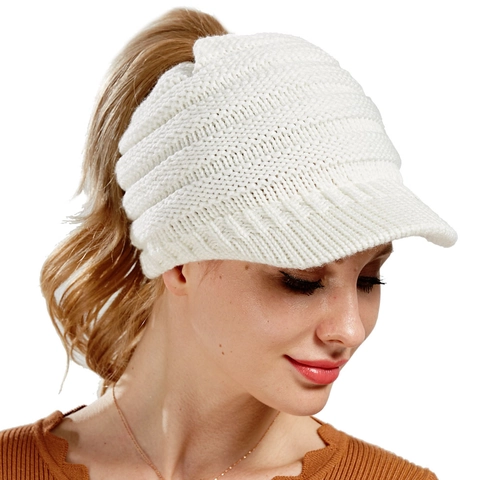Ponytail Beanie Tail Baseball Cap For Women Acrylic Cable Knit Messy Bun Visor Hat Winter Outdoor Warm Sun Protection