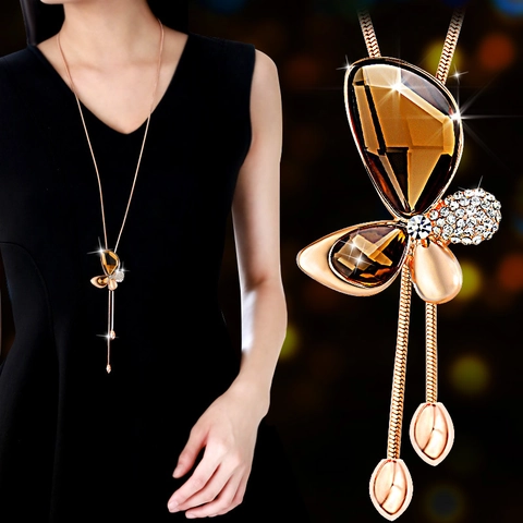 Elegant Butterfly Pendant Necklace Long Sweater Chain With Alloy Rhinestones And Artificial Crystals For Women Fashion
