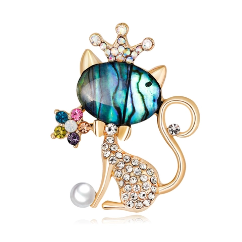 Spilla Gatto Moda Lega Conchiglia Abalone Strass Corona Forma Animale Gioielli Con Imitazione Perla Artificial Bianca Vintage