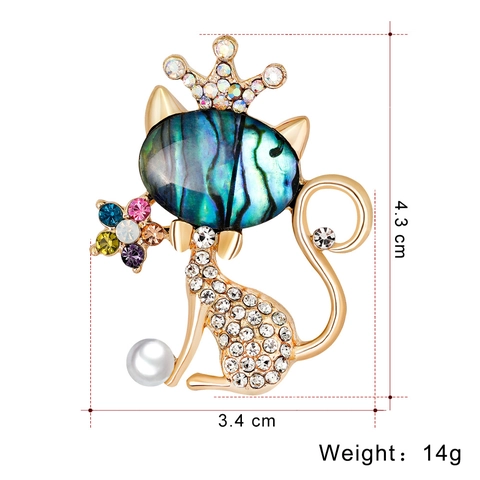 Spilla Gatto Moda Lega Conchiglia Abalone Strass Corona Forma Animale Gioielli Con Imitazione Perla Artificial Bianca Vintage
