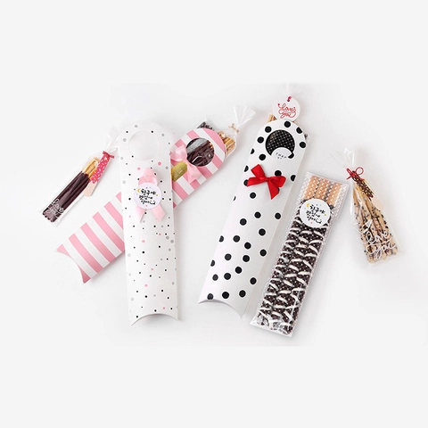 Boîte D'Emballage Longue Mignonne Pour Biscuits Aux Doigts Style Coréen Boîte Cadeau En Carton À Rayures Et Pois Pour Bonbons Biscuits Articles De Fête Boîte En Papier Avec Ruban
