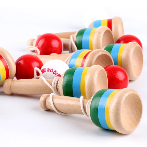 Wooden Cup And Ball Game Skill Toy For Kids Hand Eye Coordination Training Traditional Catching Toy Rainbow Stripes Design
