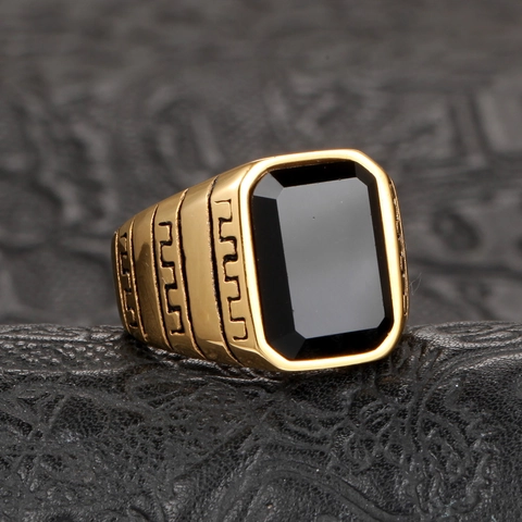 Anillo De Sello Para Hombre Acero Inoxidable Con Piedra Negra Rectangular Grabado Griego Estilo Retro Hip Hop Joyería