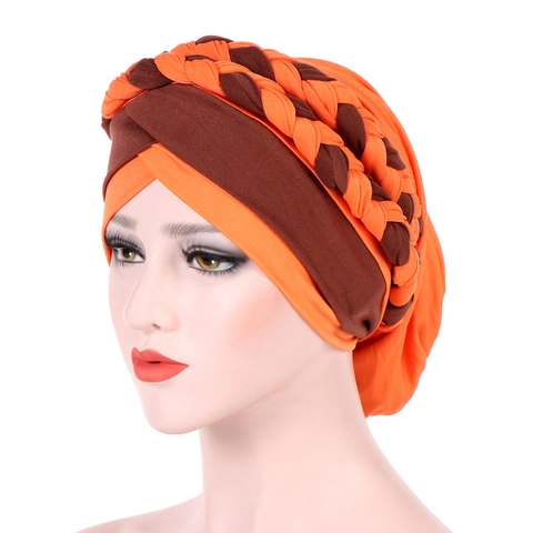 Chapeau Turban Tressé Bicolore Ethnique pour Femme Bonnet en Tricot de Polyester Tresse Torsadée Couvre-Chef Musulman Bohème
