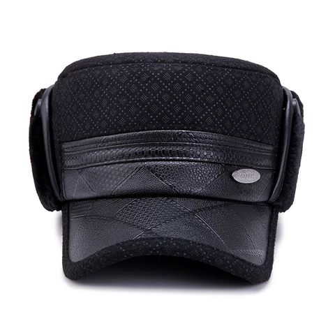Men Winter Trapper Hat PU Leather Knitted Plush Lining Earflap Warm Cold Proof Flat Top Outdoor Style