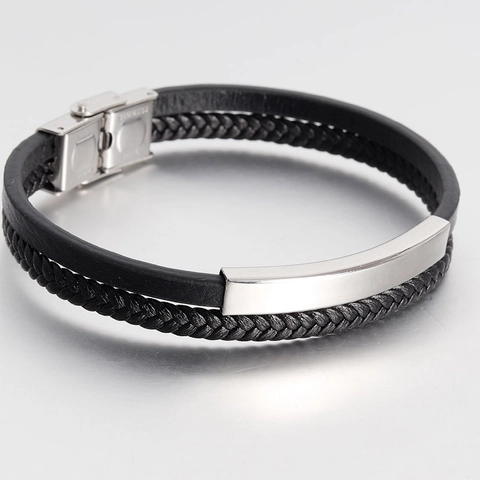 Men's Double Layer Braided Cowhide Leather Bracelet With Stainless Steel Magnetic Clasp Retro Handmade Jewelry