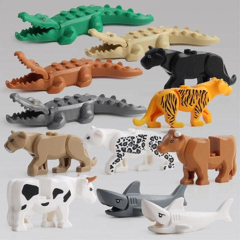 Figurine Di Mattoncini Animali Plastica ABS Compatibile Giocattolo Educativo Fai Da Te Coccodrillo Tigre Squalo Leone Mucca Leopardo
