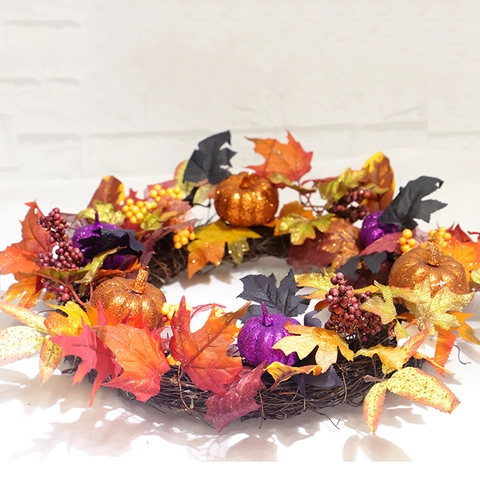 Artificial Maple Leaf Wreath With Glitter Foam Pumpkins And Berries For Halloween Thanksgiving Autumn Front Door Hanging Decor