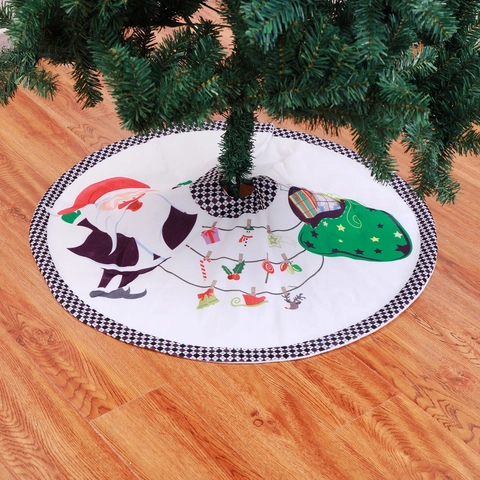 Kerstboomrok Polyester Kort Pluche Cartoon Kerstman Print Witte Ronde Schaakbord Rand Vakantie Feest Decoratie
