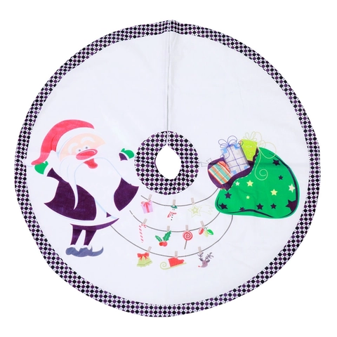 Kerstboomrok Polyester Kort Pluche Cartoon Kerstman Print Witte Ronde Schaakbord Rand Vakantie Feest Decoratie