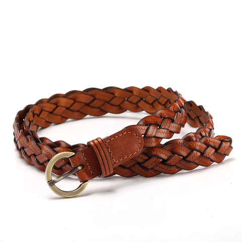 Cintura Sottile in Vera Pelle Intrecciata a Mano da Donna Fibbia ad Ardiglione Rotonda in Lega Vintage Cinturino Regolabile
