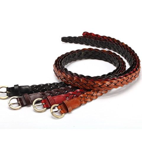 Cintura Sottile in Vera Pelle Intrecciata a Mano da Donna Fibbia ad Ardiglione Rotonda in Lega Vintage Cinturino Regolabile