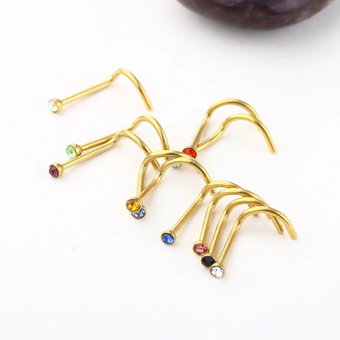 Pendiente De Nariz De Acero Inoxidable En Forma De L Rhinestone Colorido Joyería Piercing Corporal Chapado Oro