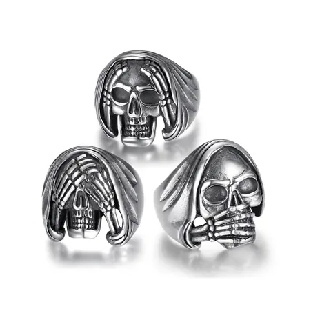 Bagues Tête De Mort Pour Hommes Femmes Acier Inoxydable 316 Rétro Punk Gothique Biker Bijoux Speak See Say No Evil