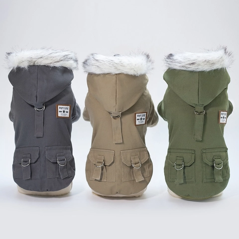 Hundewintermantel Baumwolle Leinwand Kapuzenjacke Utility Style Warmes Fleece Gefüttert Kunstpelzbesatz Taschen