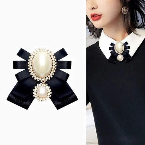 Vintage Bow Brooch For Women With Faux Artificial Pearl And Rhinestone Palace Style Ribbon Necktie For Shirt Decoration