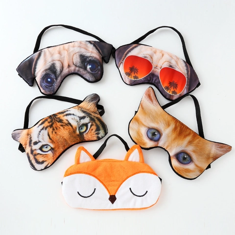 3D Animal Print Eye Mask Blackout Sleep Mask Soft Polyester Cute Cartoon Tiger Pug Cat Fox For Travel Rest Home