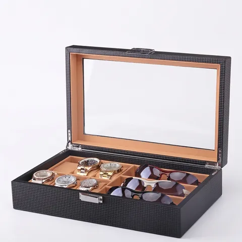 Watch And Sunglasses Organizer Box Carbon Fiber PU Leather Wood Grain Pattern Glass Top Display Case