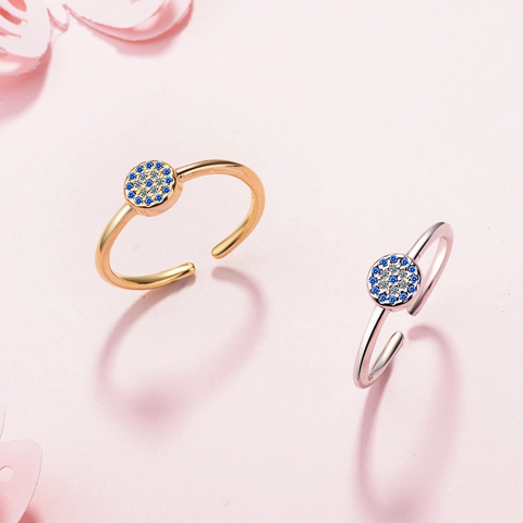 Evil Eye Ring Koper Micro Pave Blauw Wit Zirkonia Verstelbaar Open Turkse Stijl Sieraden Voor Vrouwen