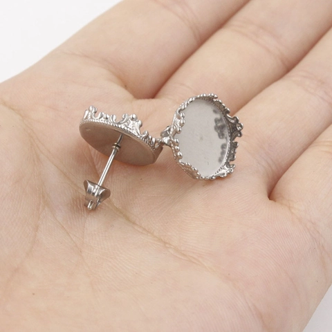 Base De Puces D'oreilles En Acier Inoxydable Plateau Rond Bord Couronne Pour Bijoux DIY Argent