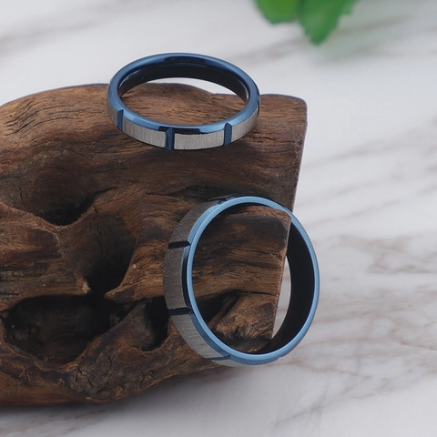Edelstahl Bandringe Blau Galvanisierte Innenseite Gebürstete Oberfläche Vertikale Rillen Industrieller Stil Schmuck Für Herren Damen