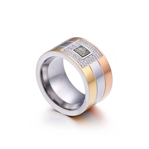 Wide Band Ring Stainless Steel Tricolor Square Zirconia Micro Pave Geometric Fashion Jewelry For Men Women