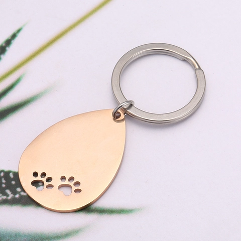Llavero De Gota De Agua En Acero Inoxidable Pulido Con Huella De Mascota Hueca Colgante Conmemorativo