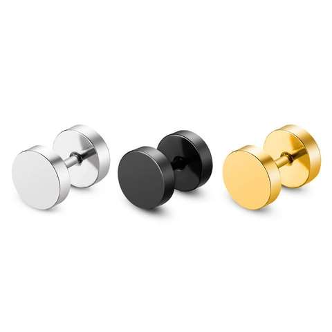 Stainless Steel Barbell Stud Earrings Minimalist Round Disc Dumbbell Shape Polished Punk Jewelry For Men Women